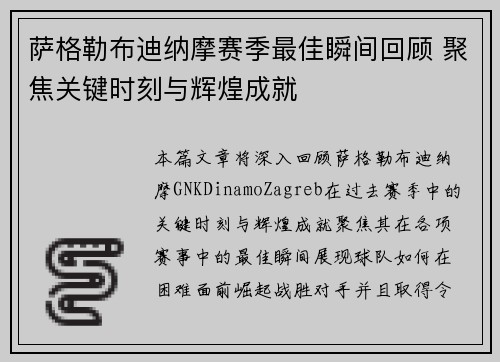 萨格勒布迪纳摩赛季最佳瞬间回顾 聚焦关键时刻与辉煌成就